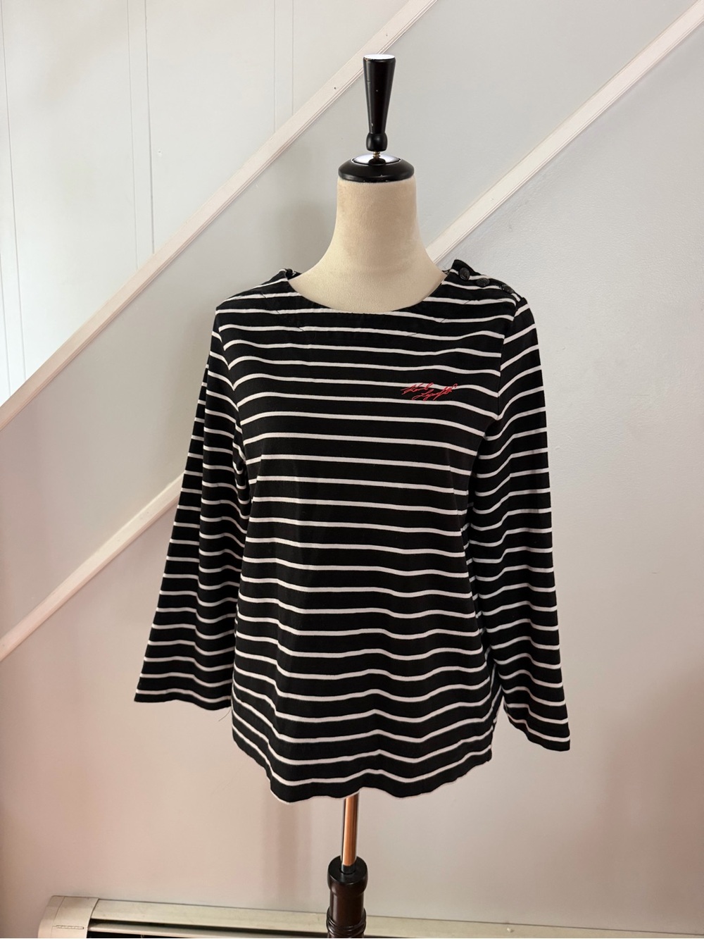 Karl Lagerfeld Womens Black T-Shirt Striped Long Sleeves Round Neck Size LG